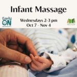 Graphic for infant massage series. Includes photo of adult hand touching a baby's hand